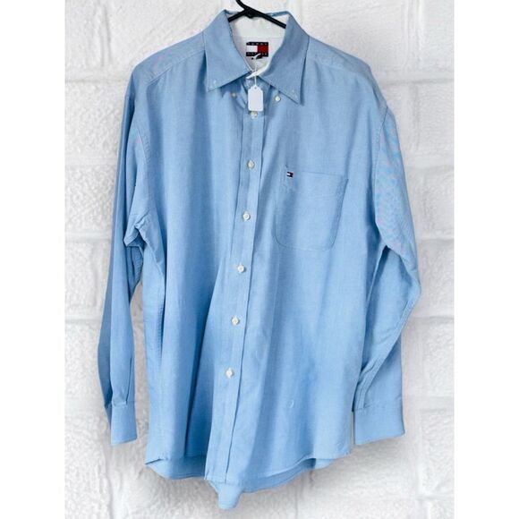 Tommy Hilfiger Men’s Large Pale Blue Button Down Poplin Long Sleeved Shirt •Flaw - Picture 2 of 14